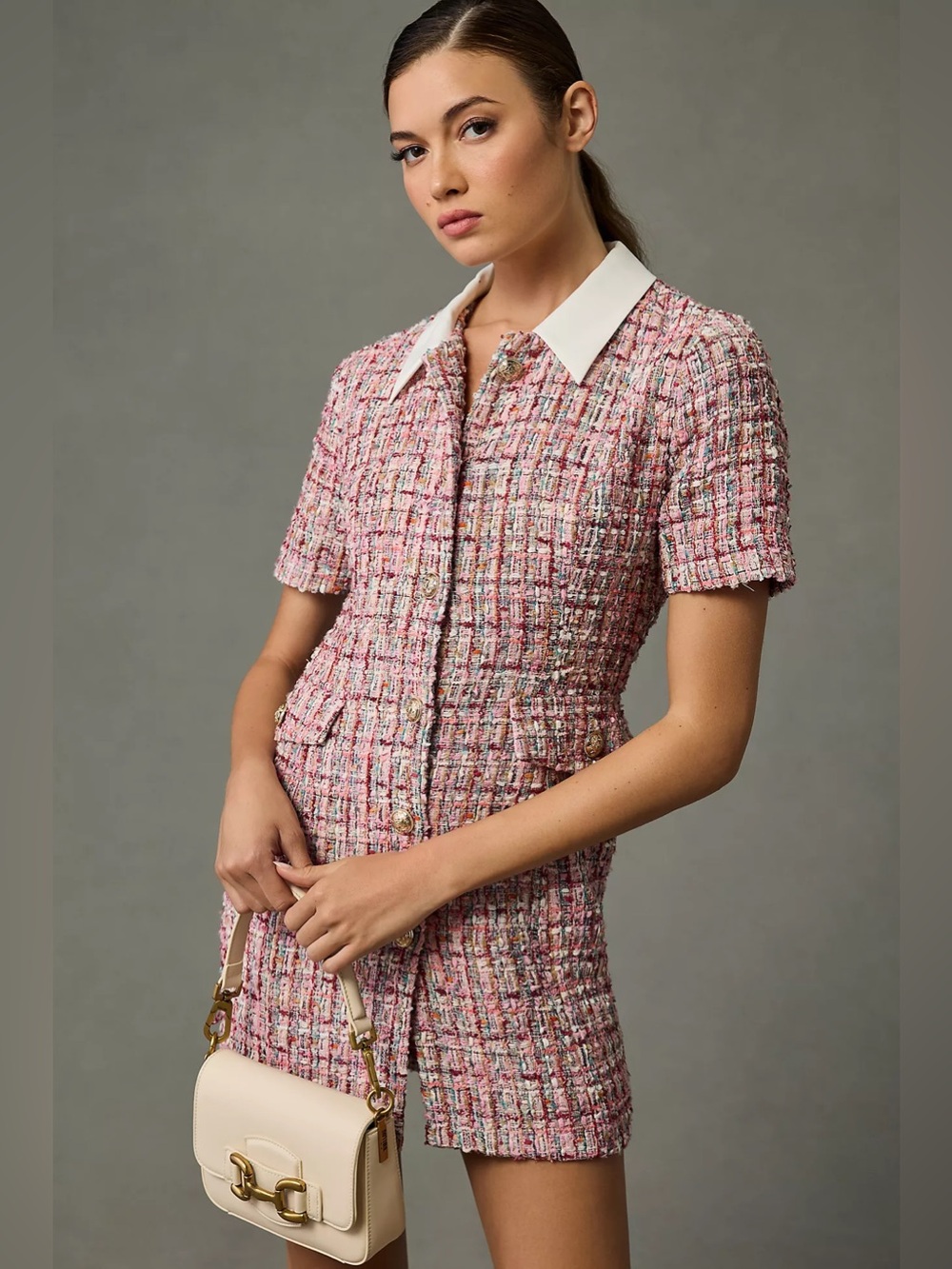 Endless Rose Multicolor Tweed Short Sleeve Button Down Collared Dress Gold